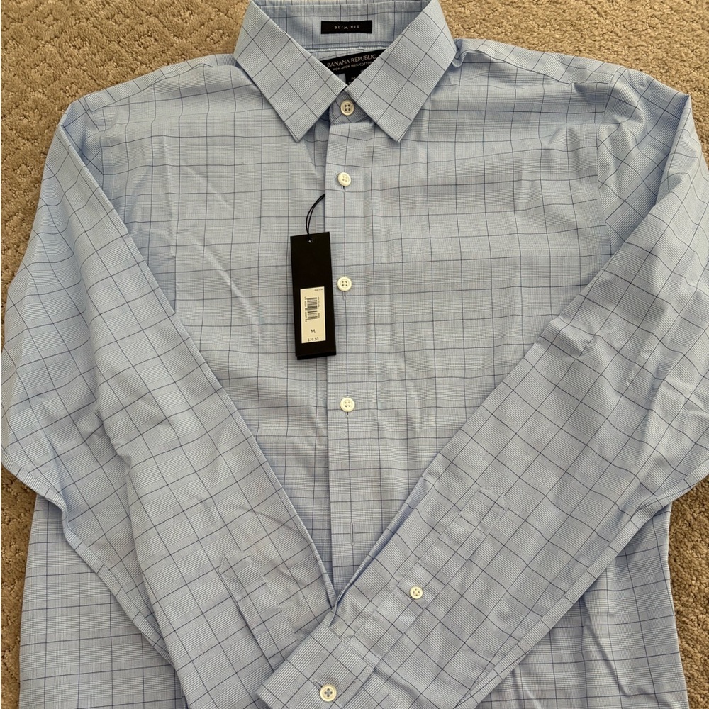 Men's Banana Republic Medium Blue Checkered Shirt NWT